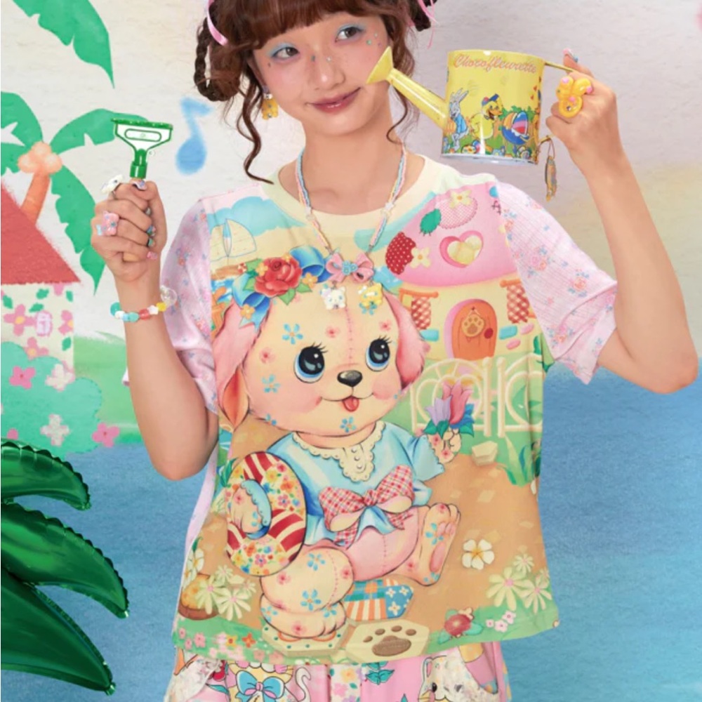 “Original dog retro print patchwork knitted short-sleeved summer loose T-shirt”S